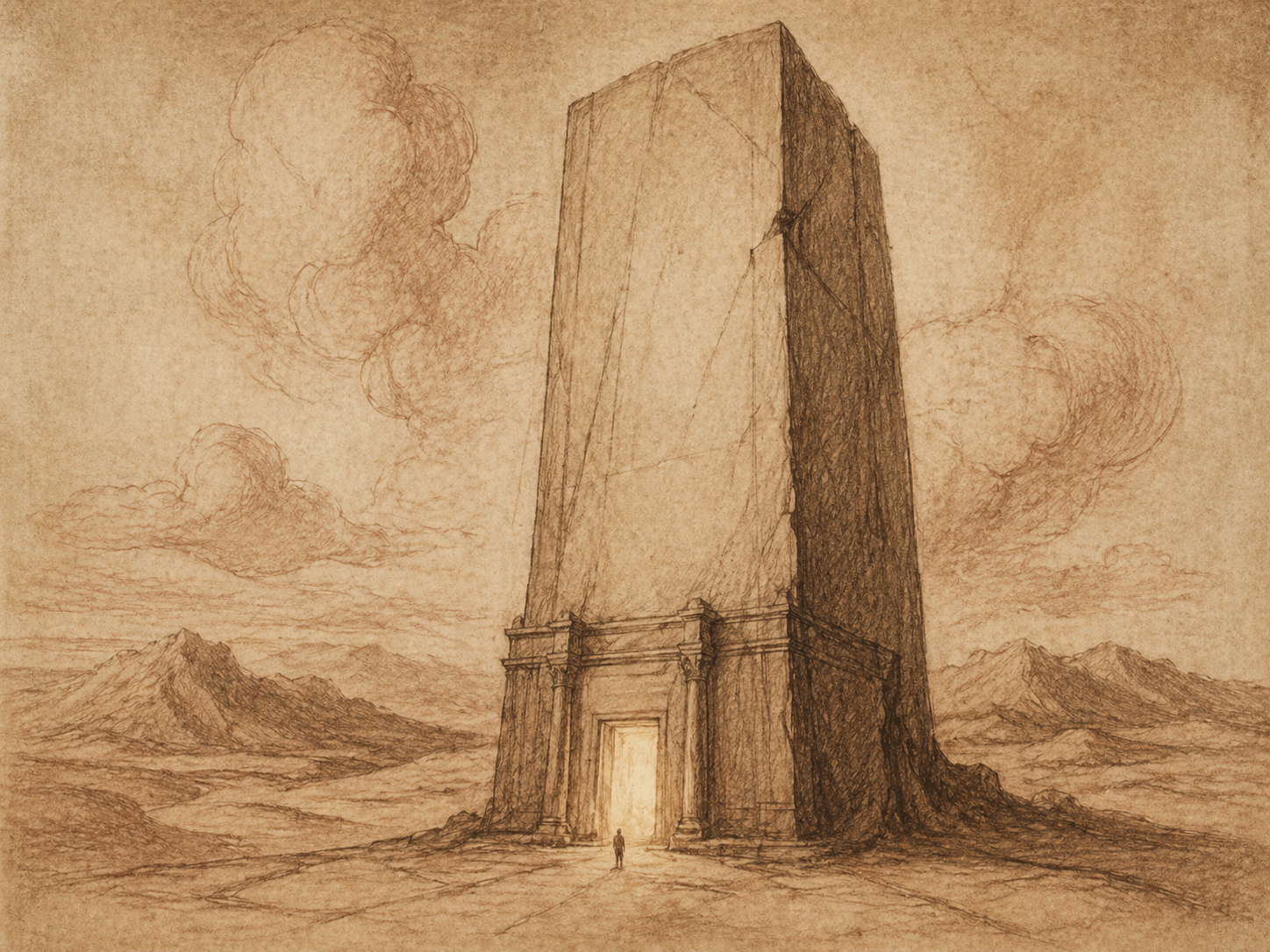 The Monolith — vast tower with arched, light-filled doorway · figure approaching across mountainous landscape