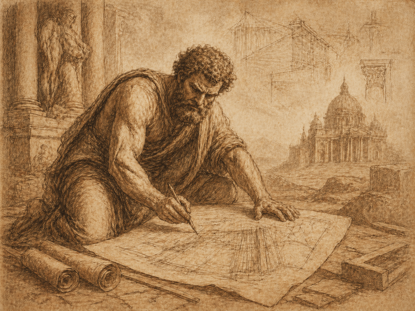 The Architect — robed sculptor at work over architectural drawings; cathedral rising in distance; sketches of capitals hovering