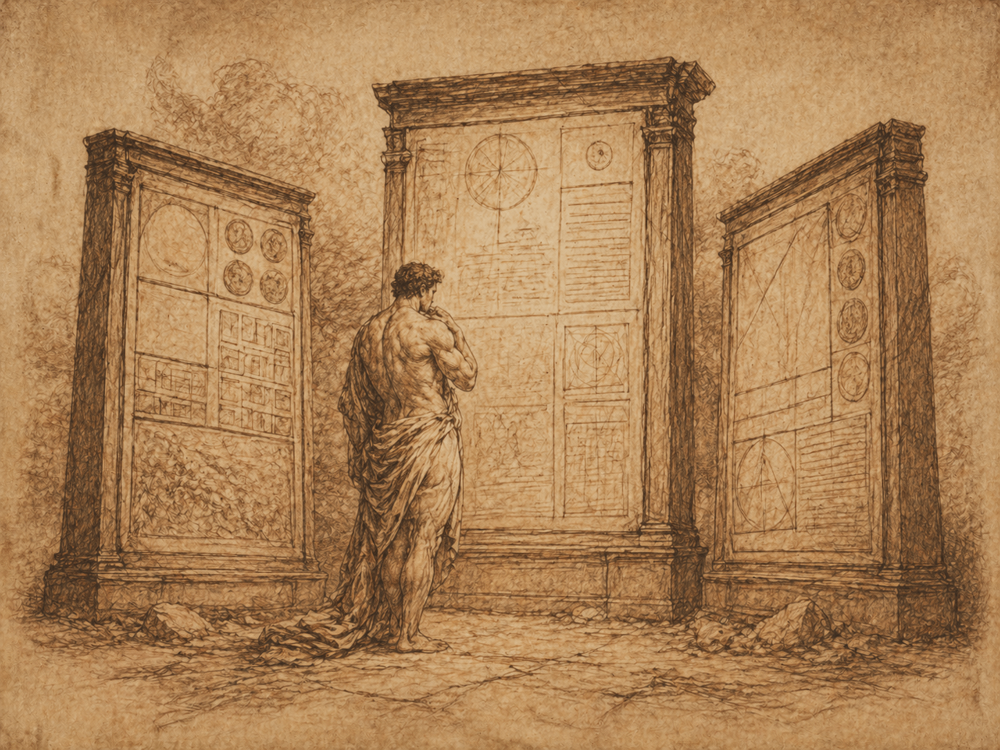 The Codices — robed figure before three large carved stone tablets bearing diagrams and inscriptions, archive of doctrine