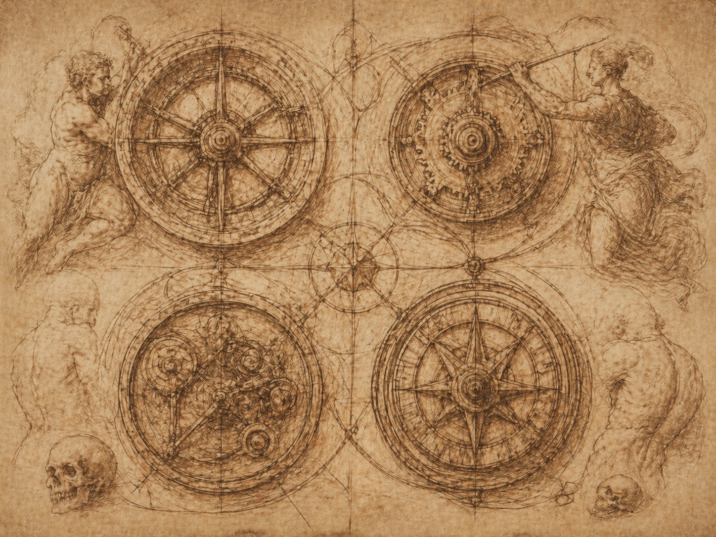 The Compass Roses — four compass roses arranged 2×2 with figures and skulls in marginalia, plotting the procession