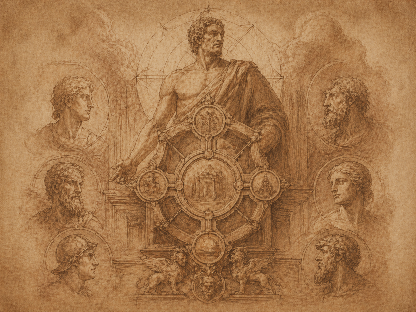 The Six Pillars — enthroned figure with six-medallion wheel; six profile portraits surrounding