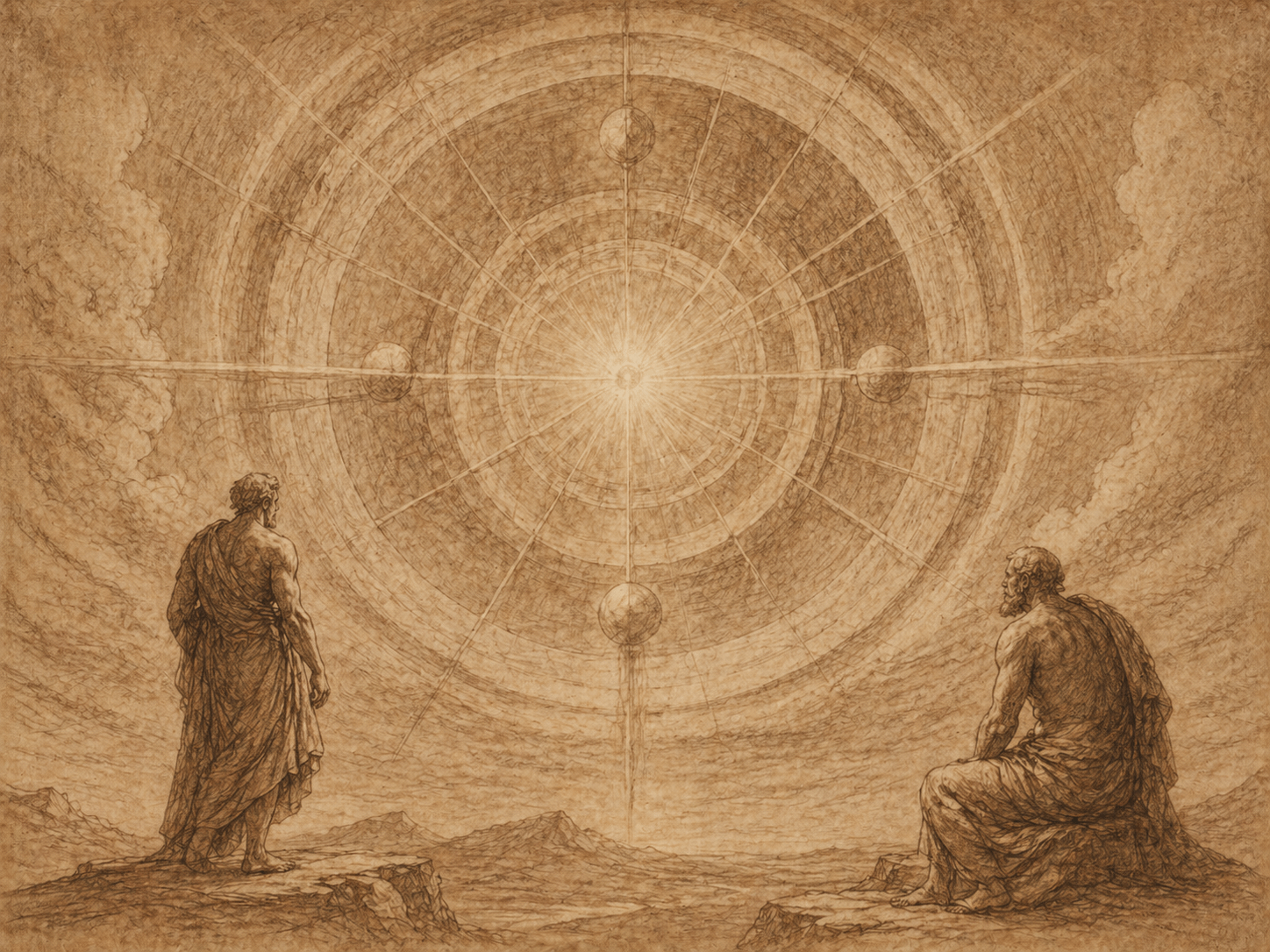 The Oculus — two robed figures before a celestial oculus radiating light, the witness and the witnessed