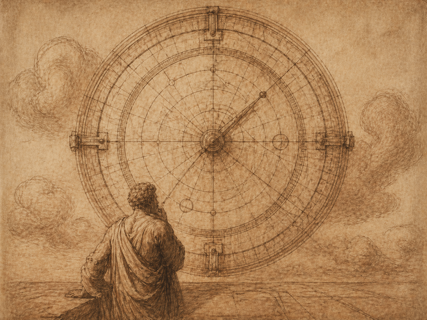 The Astrolabe — single robed figure contemplating monumental astrolabe / measurement instrument
