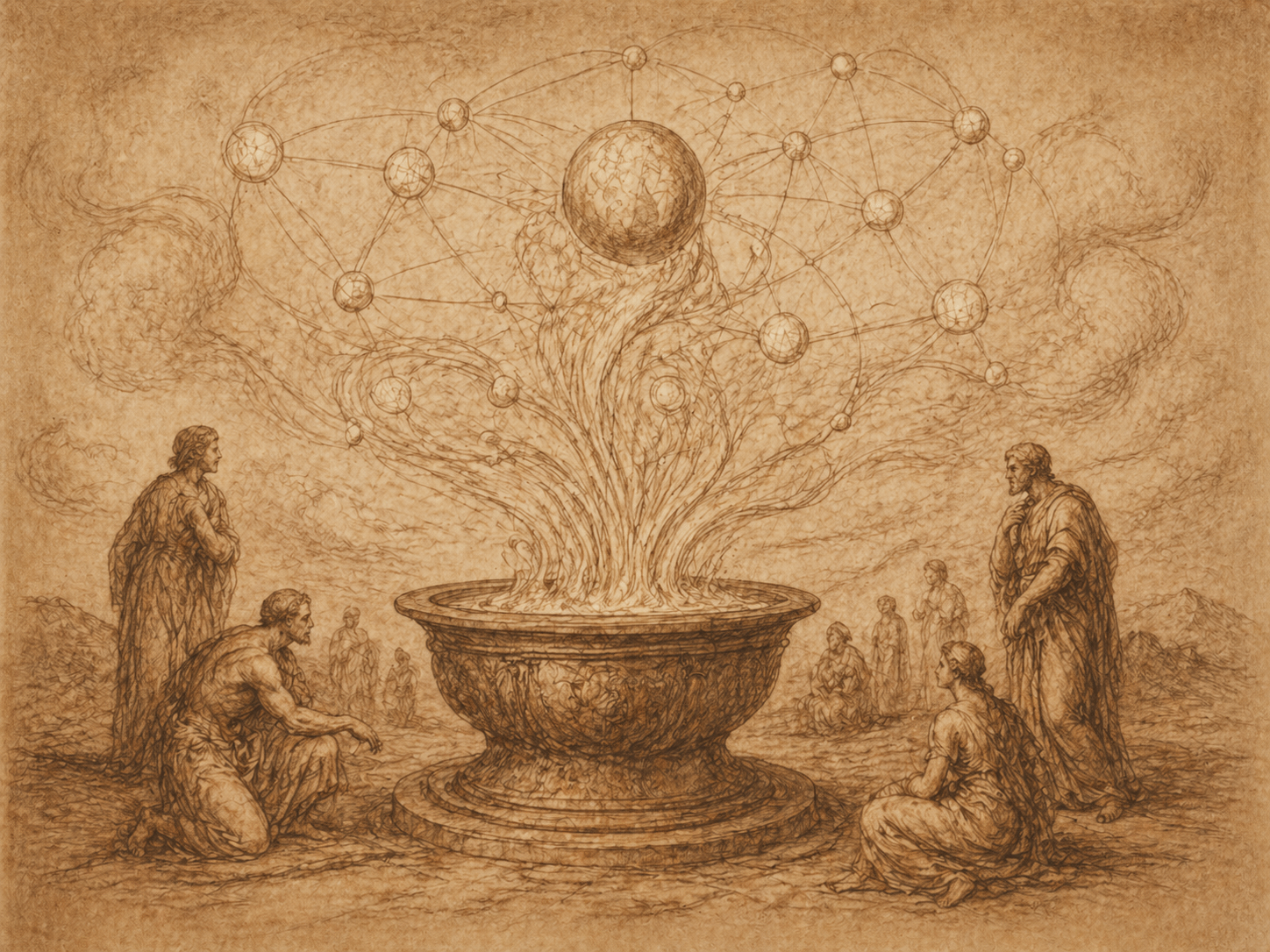 The Fountain — robed figures around a fountain from which networked spheres rise; diffusion pattern