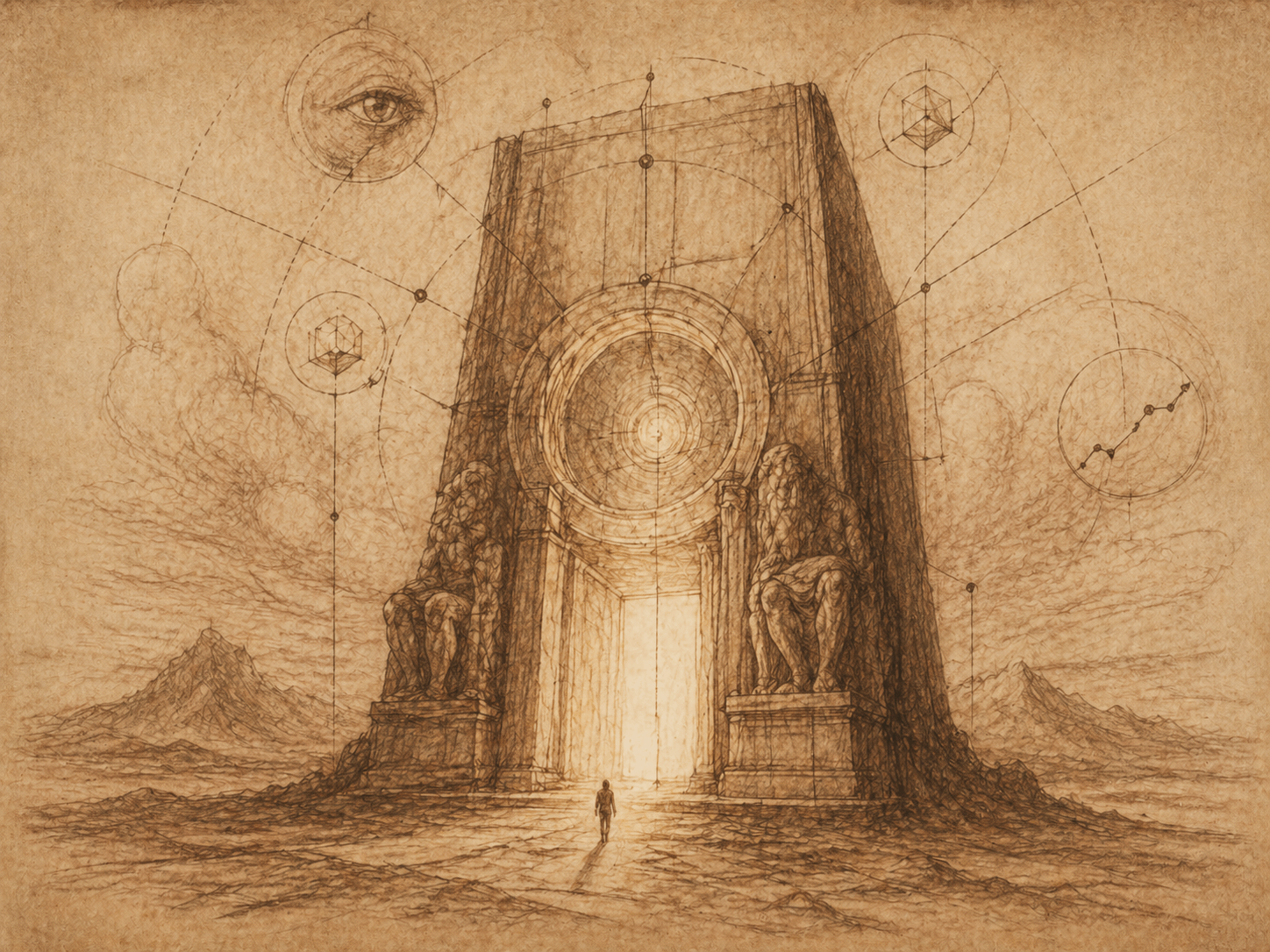 The Convergence — grand stone portal radiating light through a circular oculus, eye and geometry motifs in the surrounding constellation, two seated guardian figures at the threshold