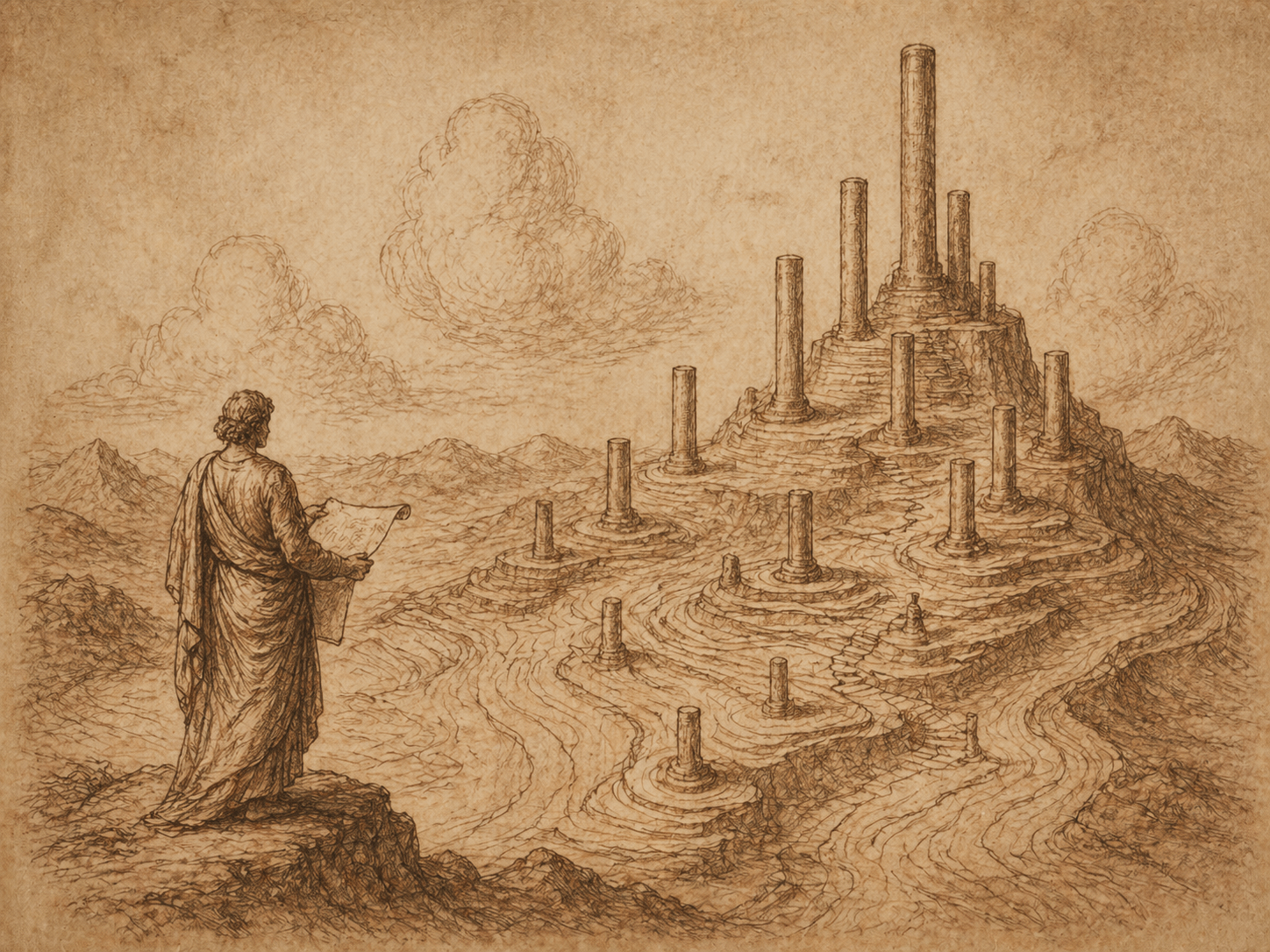 The Vista — robed figure with scroll surveying a landscape of stone columns rising across hills toward a peak